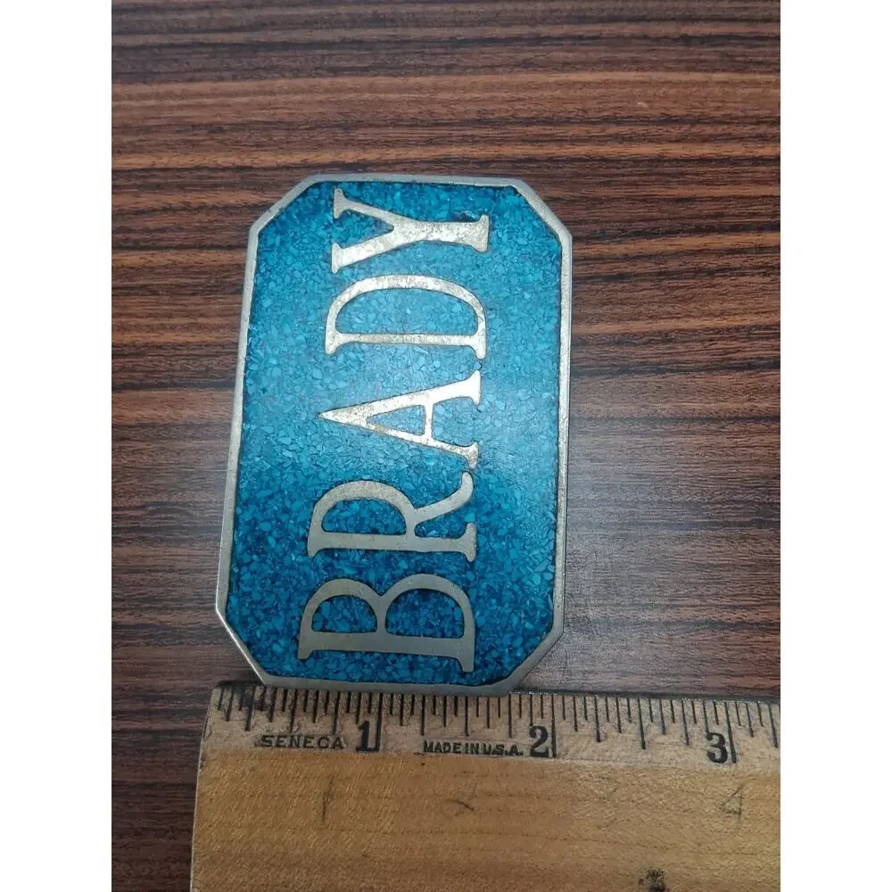 Vintage 1970's Brass Belt Buckle Crushed Turquoise Inlay 